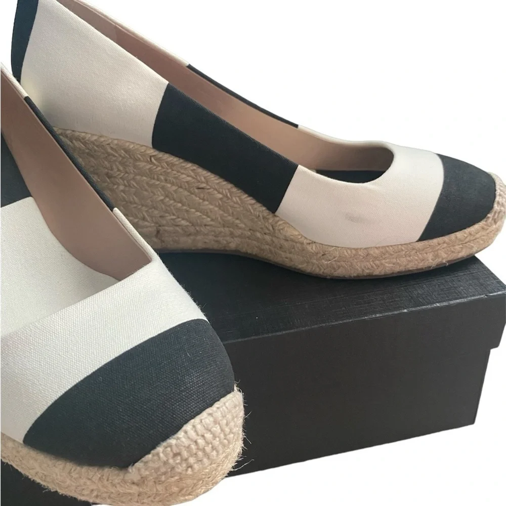 J. Crew New Seville Black White Stripe Canvas Wedge Espadrilles Women’s 9 NIB